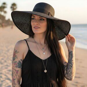 Windsor ✦ Black Wide Brim Straw Sun Hat ✦ Thick Ribbon Bow Adjustable Fit NWT